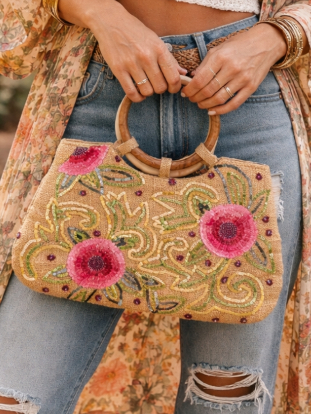 Straw Boho Floral Sequin Pink Green Tote Bamboo Purple  Handbag